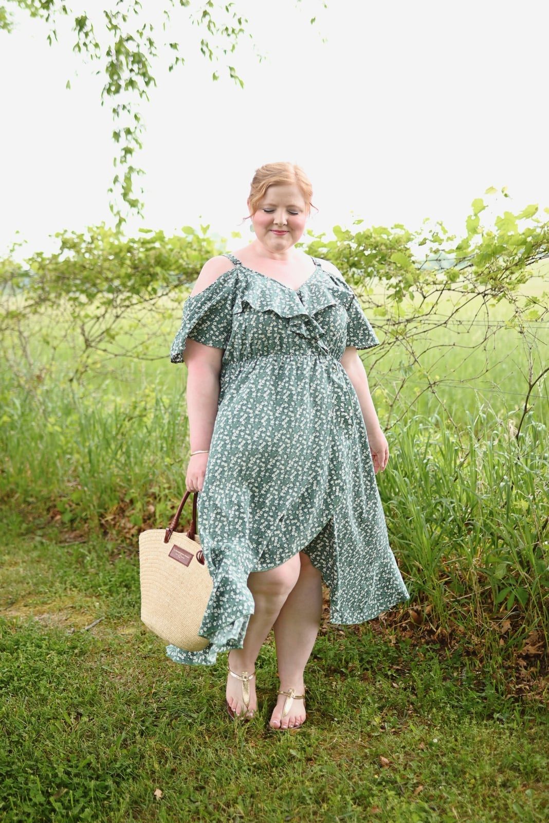 Green Floral Midi Wrap Dress with Cold Shoulder — Trendy Cottagecore Outfits