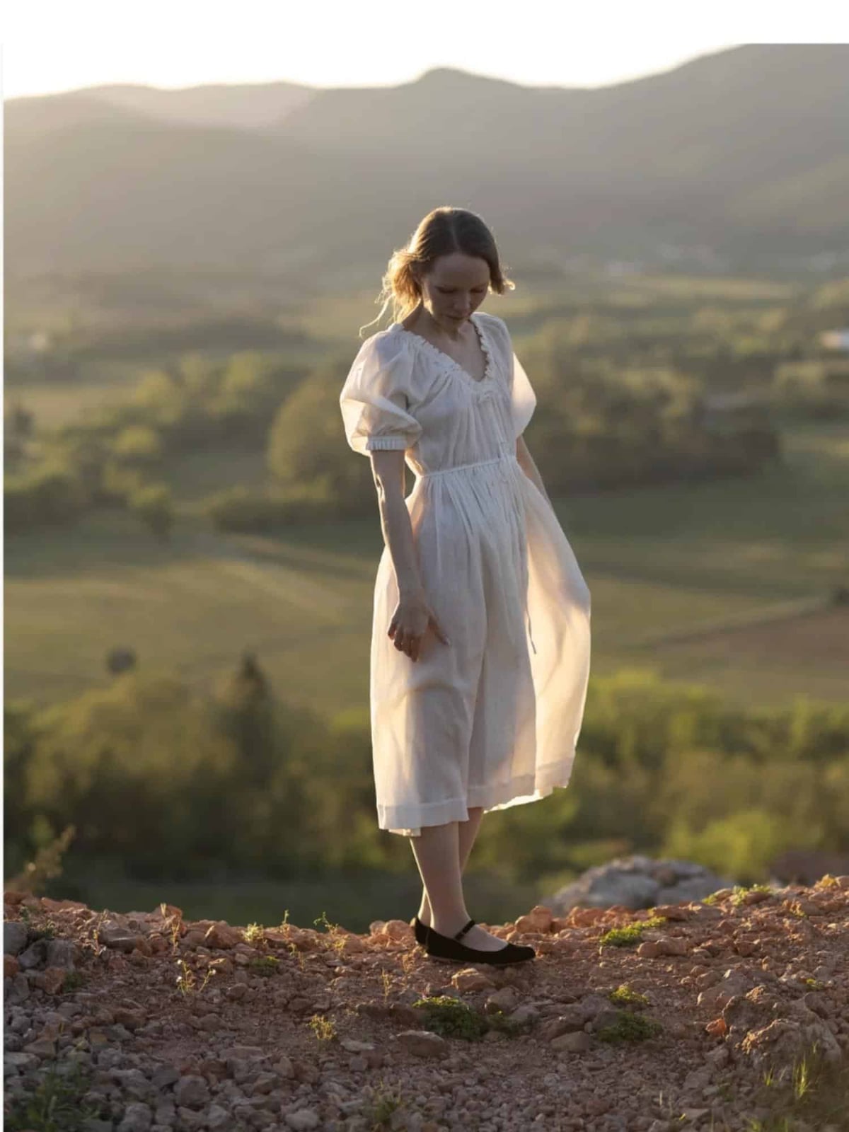 White Long Sleeve Midi Dress with Ruffled Neckline — Trendy Cottagecore Outfits