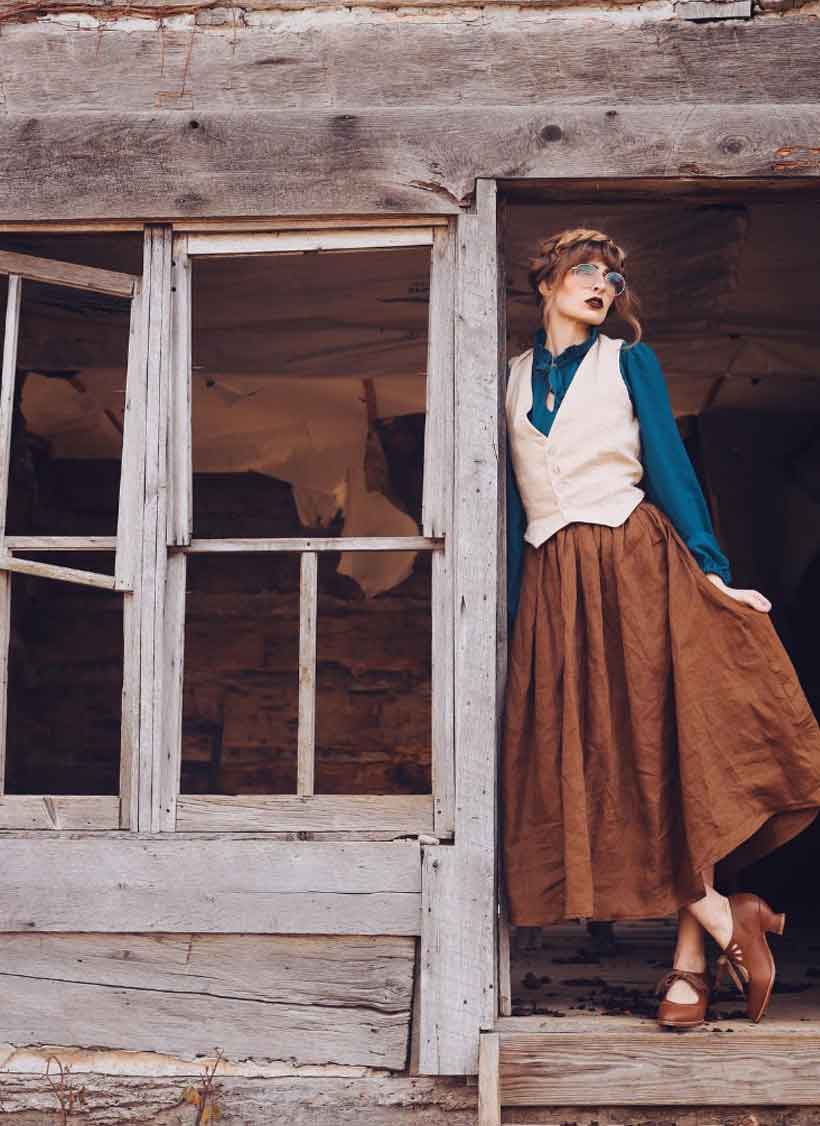 Teal Shirt Beige Waistcoat and Brown Linen Skirt — Trendy Cottagecore Outfits