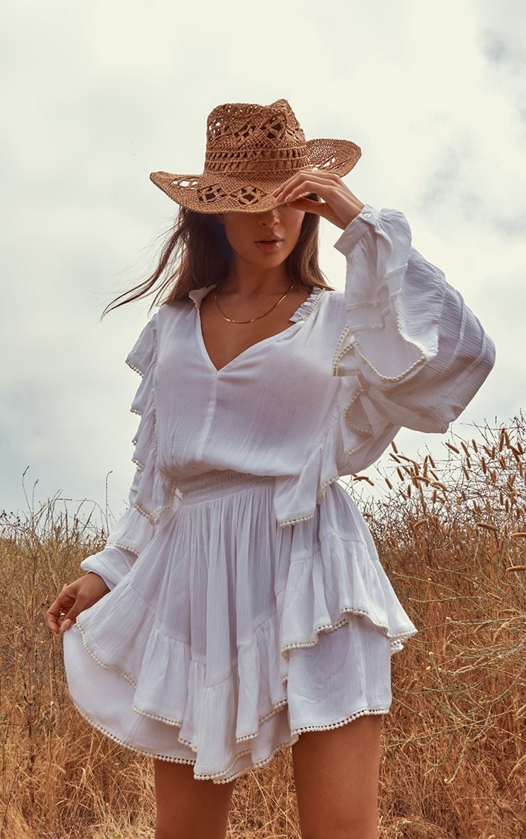 White Tiered Dress with Ruffled Tiers and Pom-Pom Trim — Trendy Cottagecore Outfits