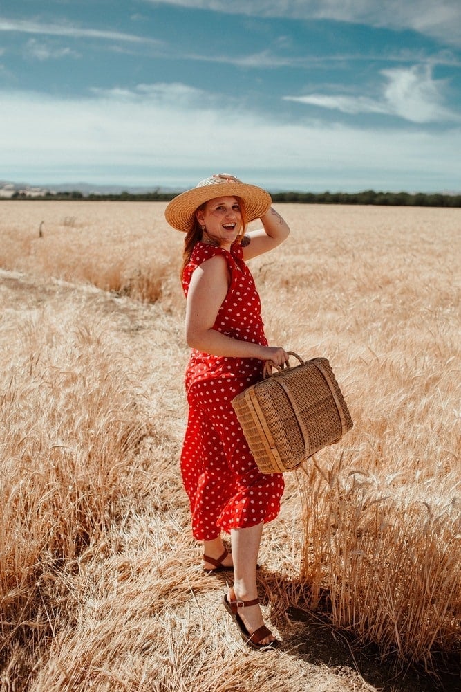 Red Polka Dot Midi Dress with Straw Hat — Trendy Cottagecore Outfits