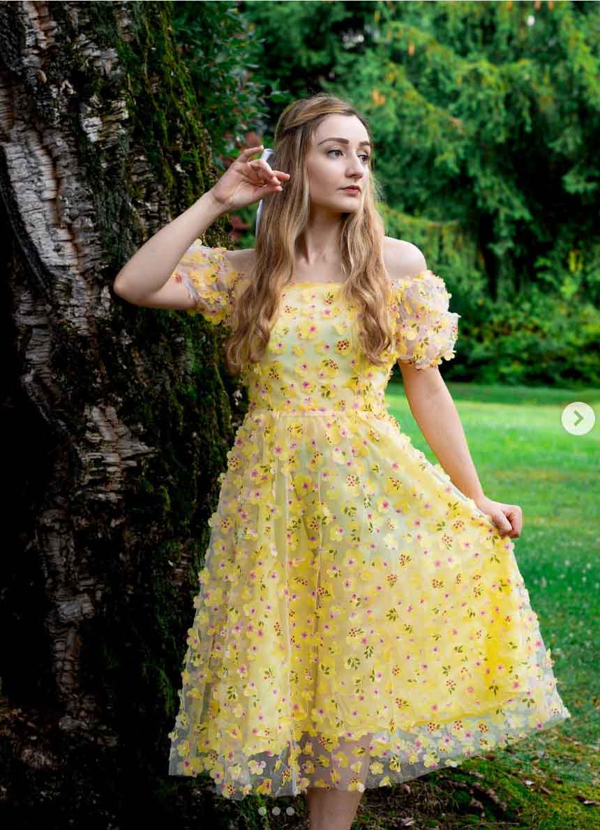 Yellow Off-The-Shoulder Dress with 3D Floral Appliques — Trendy Cottagecore Outfits
