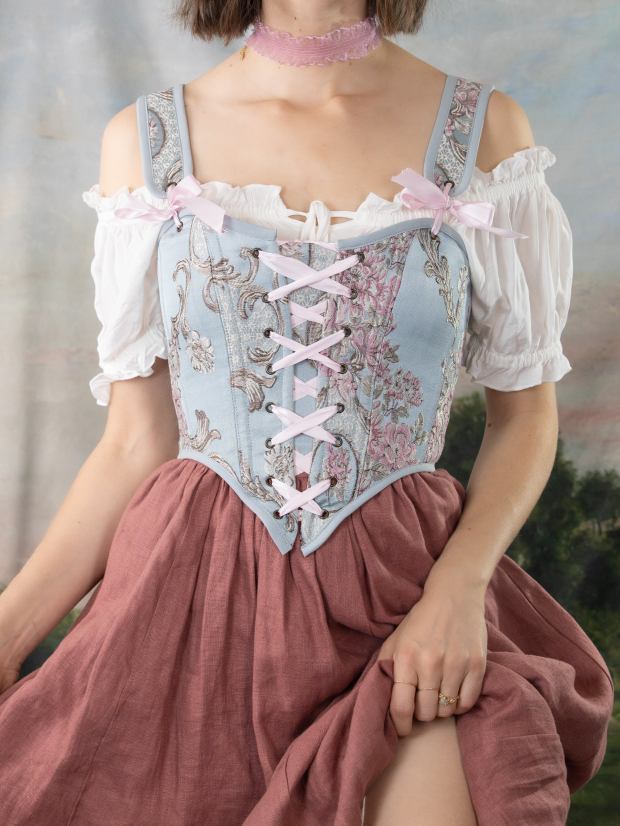 Blue Brocade Corset Over White Puff Sleeve Blouse — Trendy Cottagecore Outfits