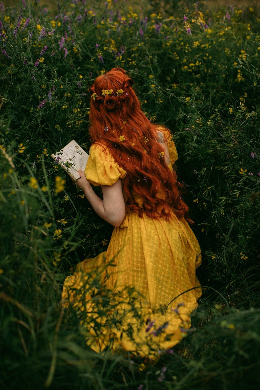 Yellow Puff Sleeve Midi Dress in a Floral Field — Trendy Cottagecore Outfits