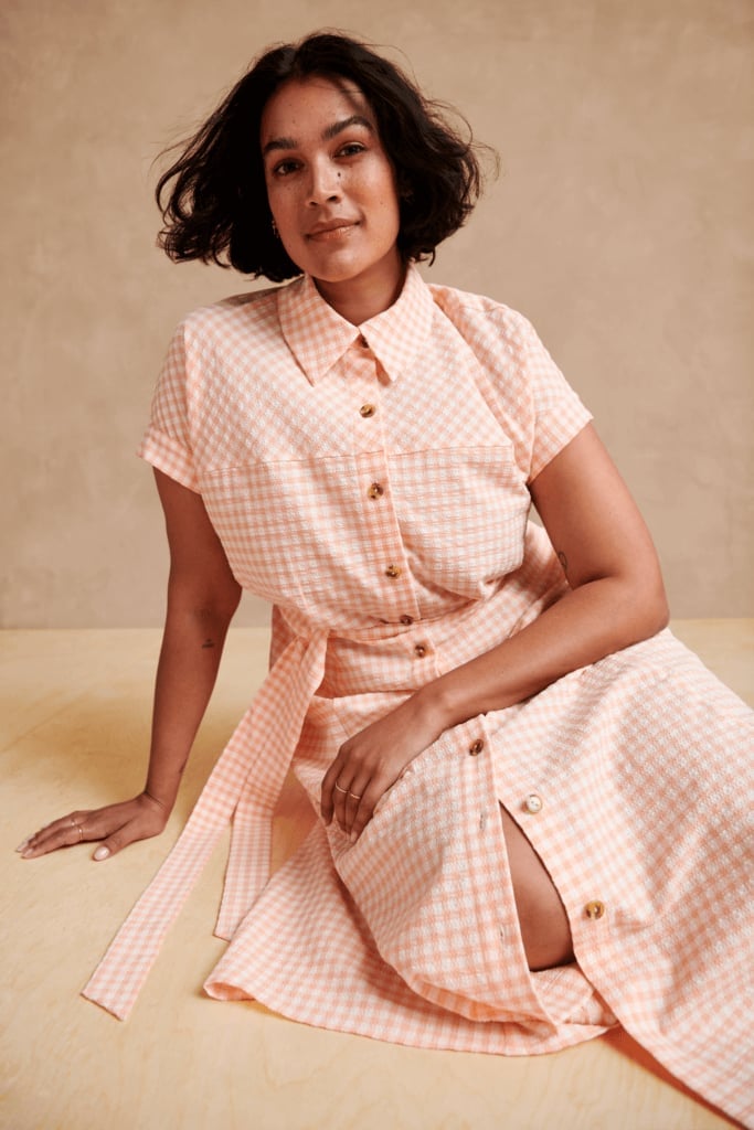 Peach Gingham Midi Shirt Dress with Tie Waist — Trendy Cottagecore Outfits
