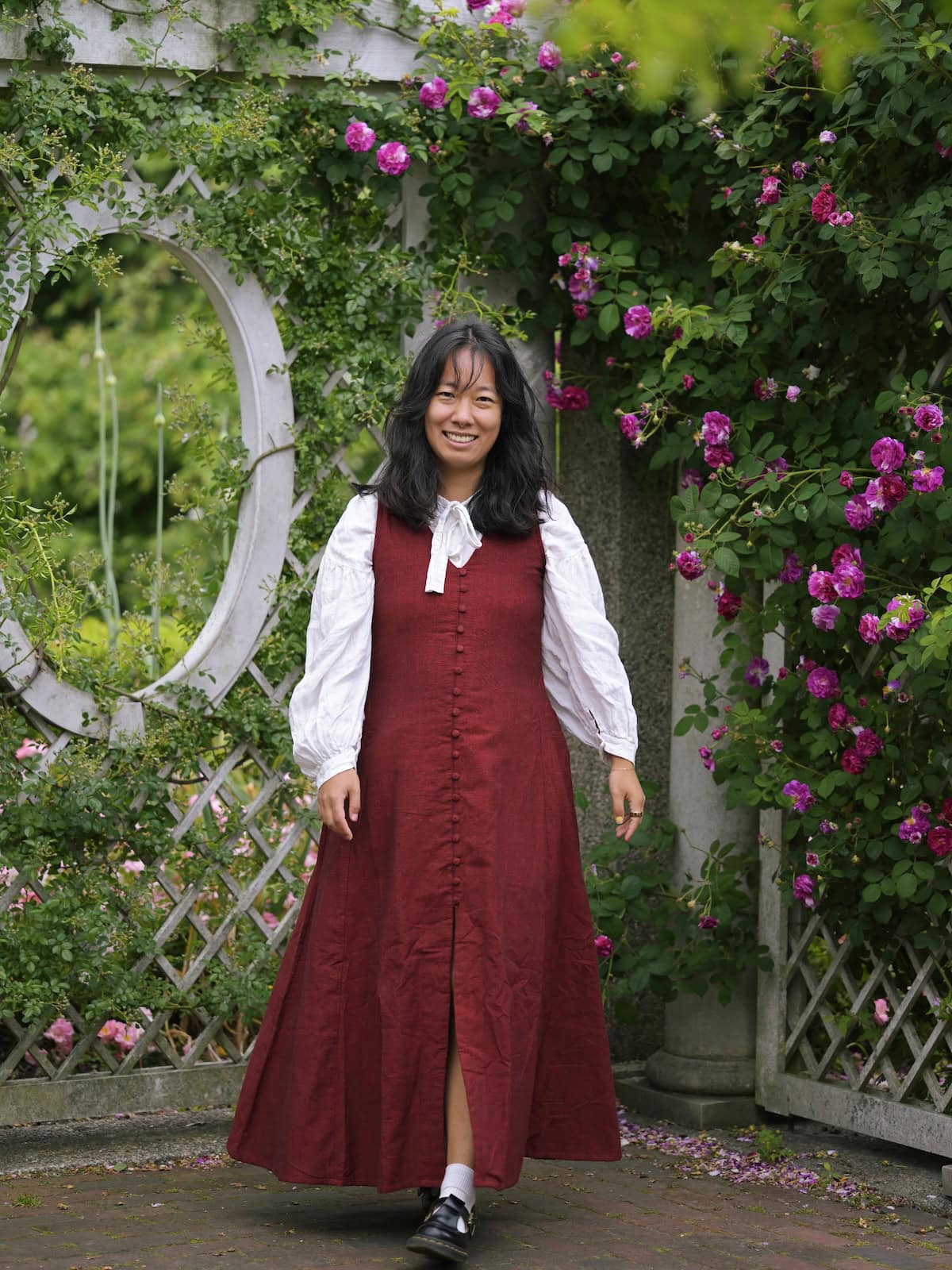 Red Linen Button-Front Maxi Dress Over White Blouse — Trendy Cottagecore Outfits