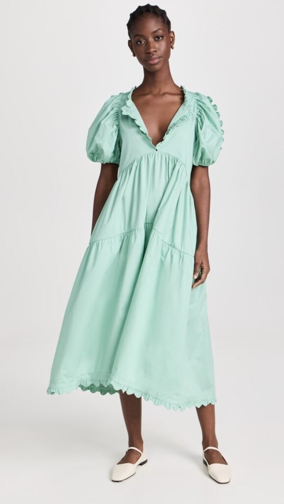Mint Green Tiered Midi Dress with Ruffled Collar — Trendy Cottagecore Outfits