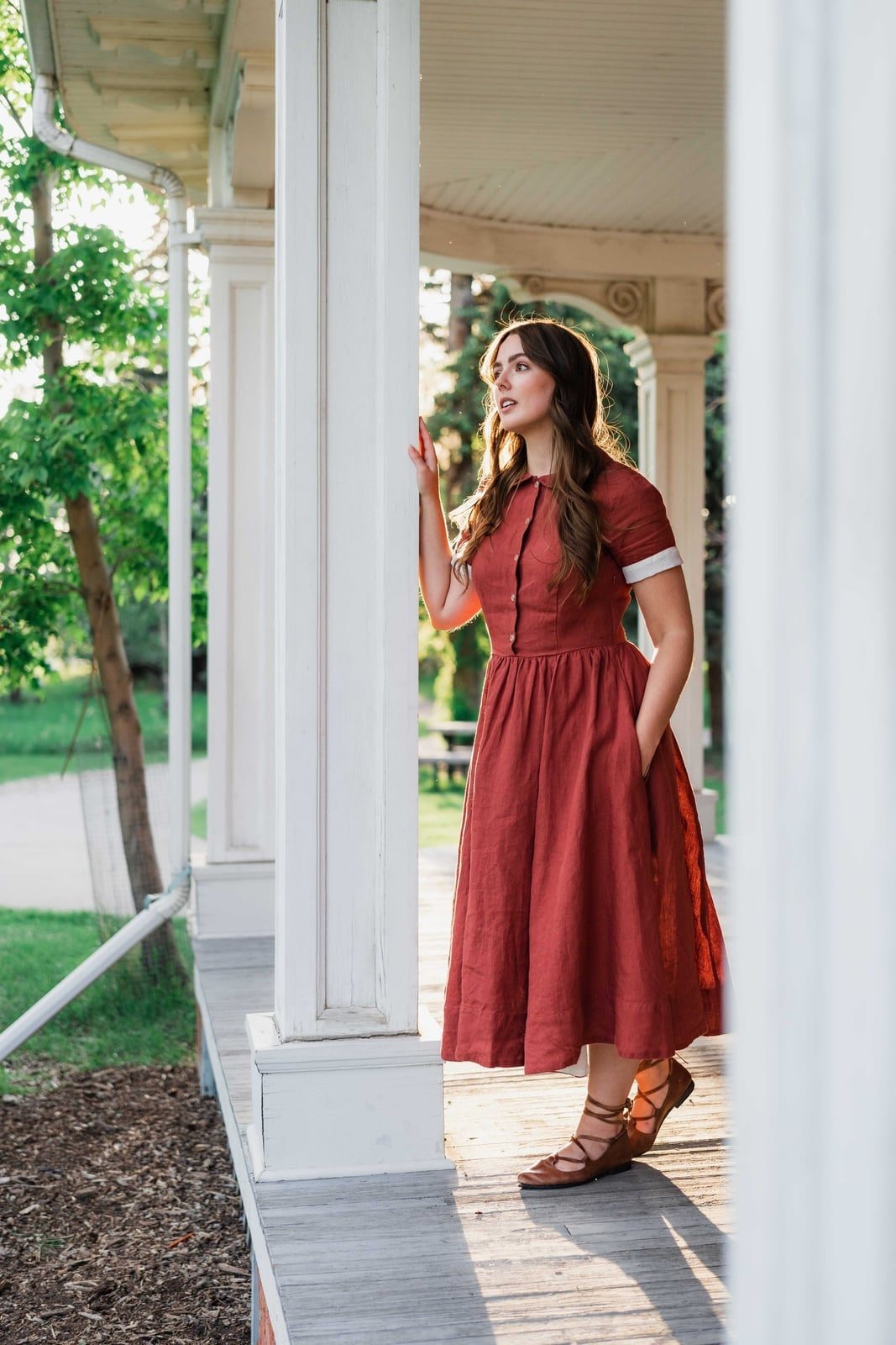Rust Orange Button-Front Midi Dress with Pockets — Trendy Cottagecore Outfits