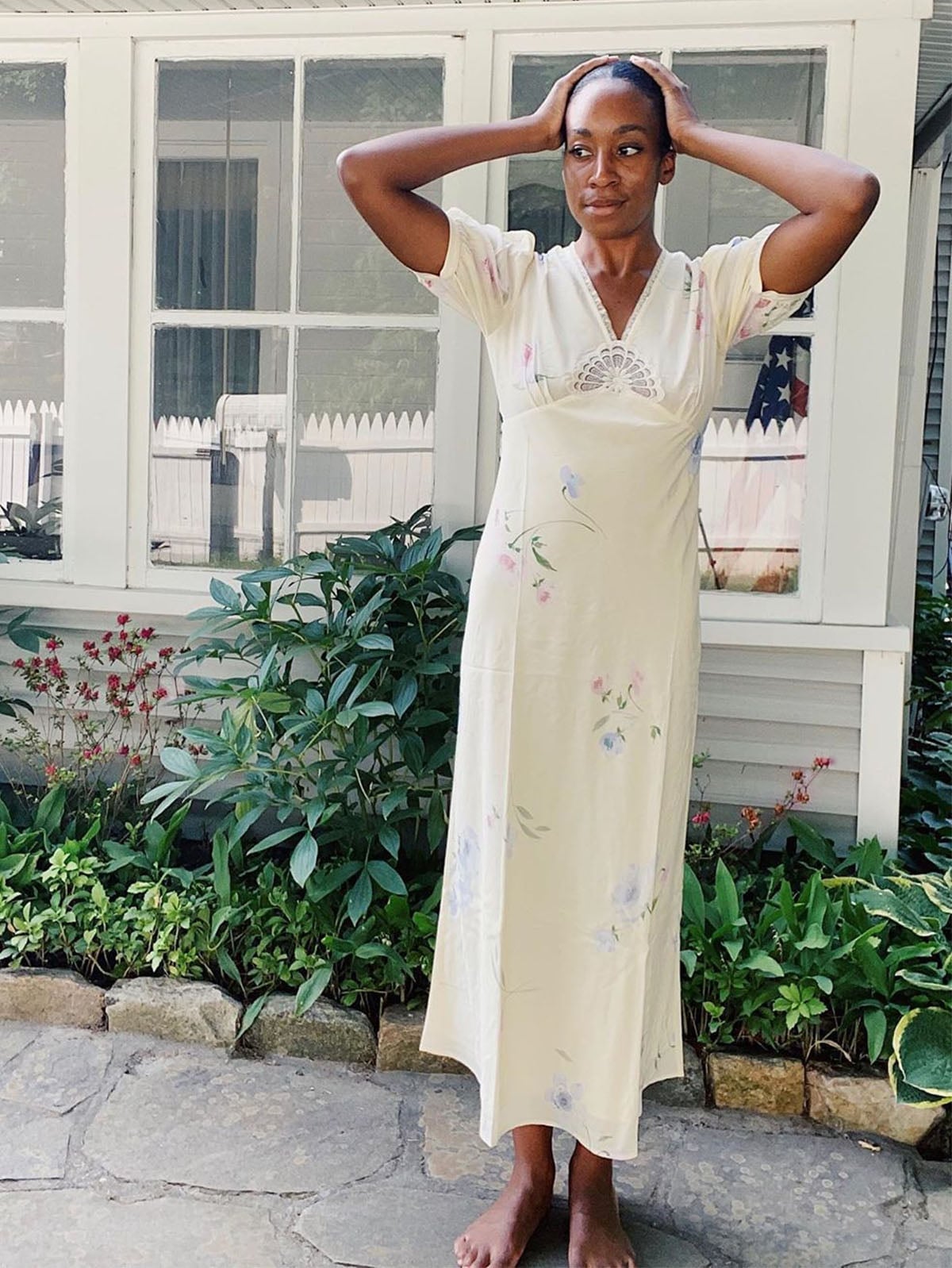 Cream Floral Bias-Cut Maxi Dress with Lace Trim — Trendy Cottagecore Outfits