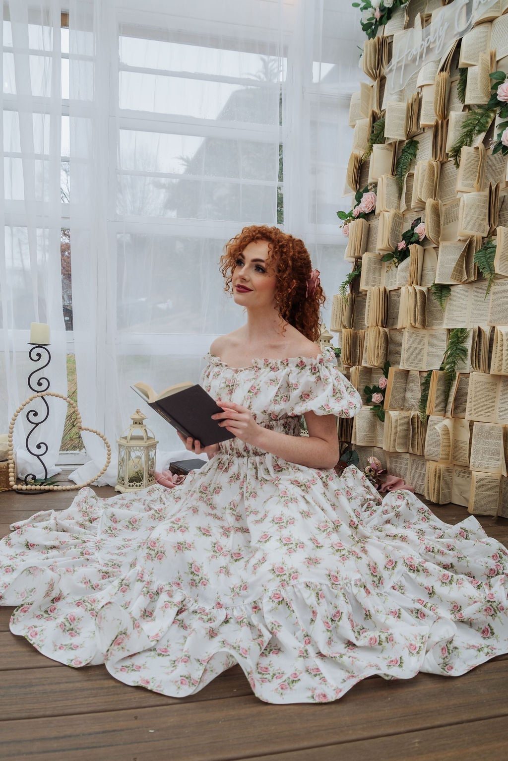 Off-the-shoulder Floral Dress with Puff Sleeves, Close-Up Take — Trendy Cottagecore Outfits