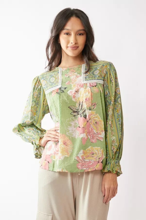 Green Floral Blouse with Lace Trim and Wide-Leg Trousers — Trendy Cottagecore Outfits