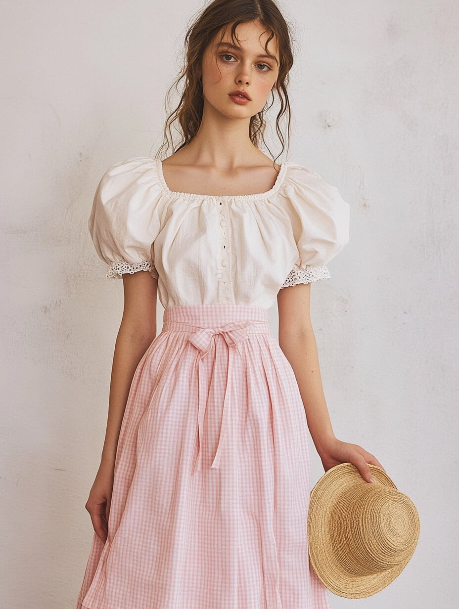 White Puff Sleeve Blouse with Pink Gingham Skirt — Trendy Cottagecore Outfits