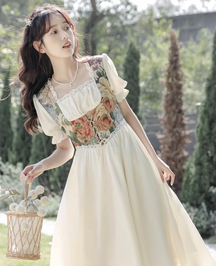 Cream Floral Print Dress with Corset Bodice — Trendy Cottagecore Outfits