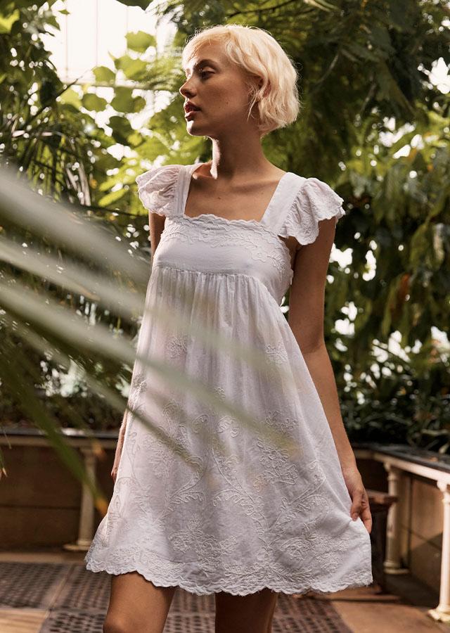 White Embroidered Cotton Mini Dress — Trendy Cottagecore Outfits