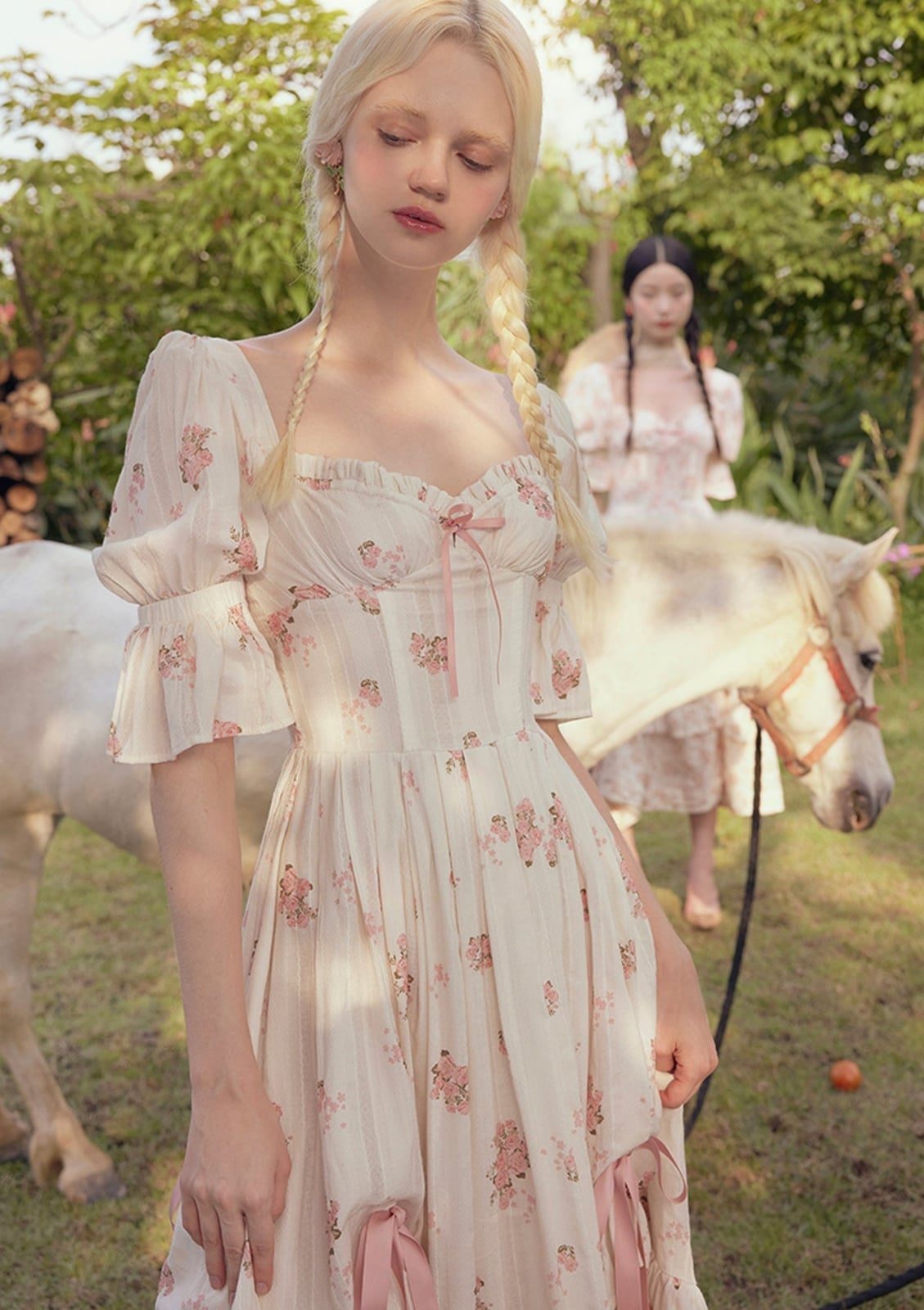 Cream Pink Floral Puff Sleeve Dress — Trendy Cottagecore Outfits