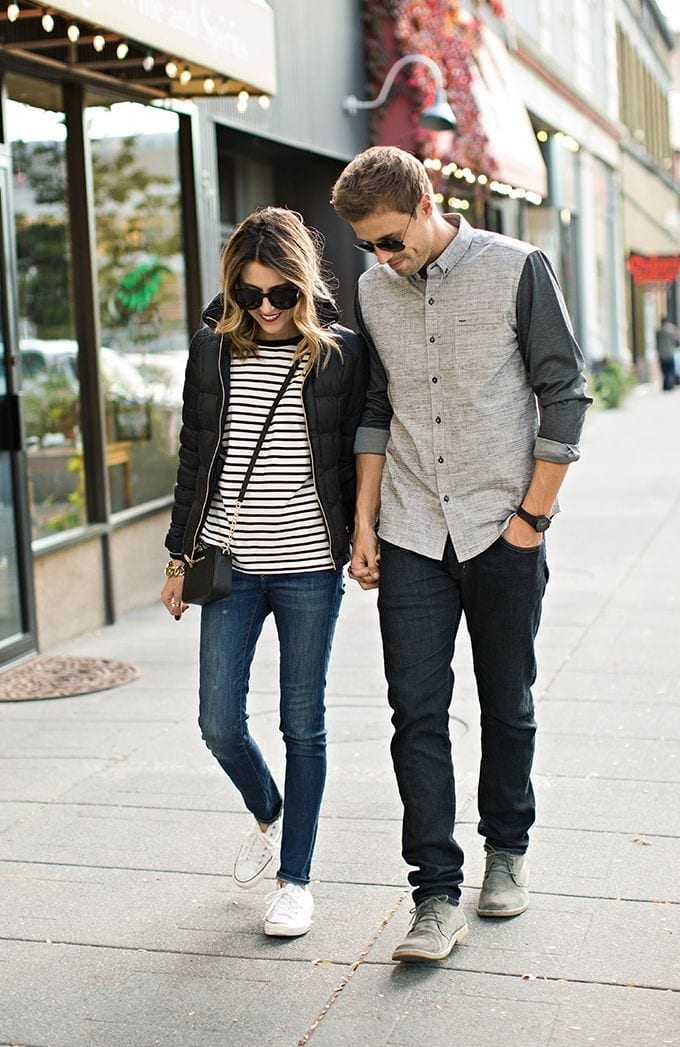 City Stroll with Puffer Jacket and Stripes City Stroll with Puffer Jacket and Stripes — Trendy Couple Outfit