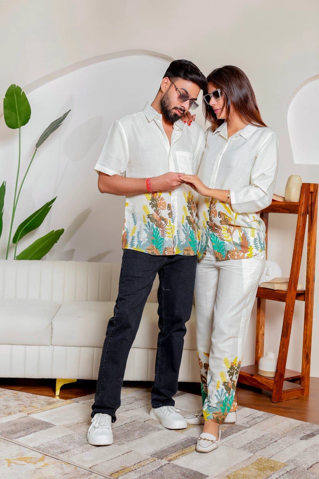 Matching Tropical Print Shirts and Trousers Matching Tropical Print Shirts and Trousers — Trendy Couple Outfit