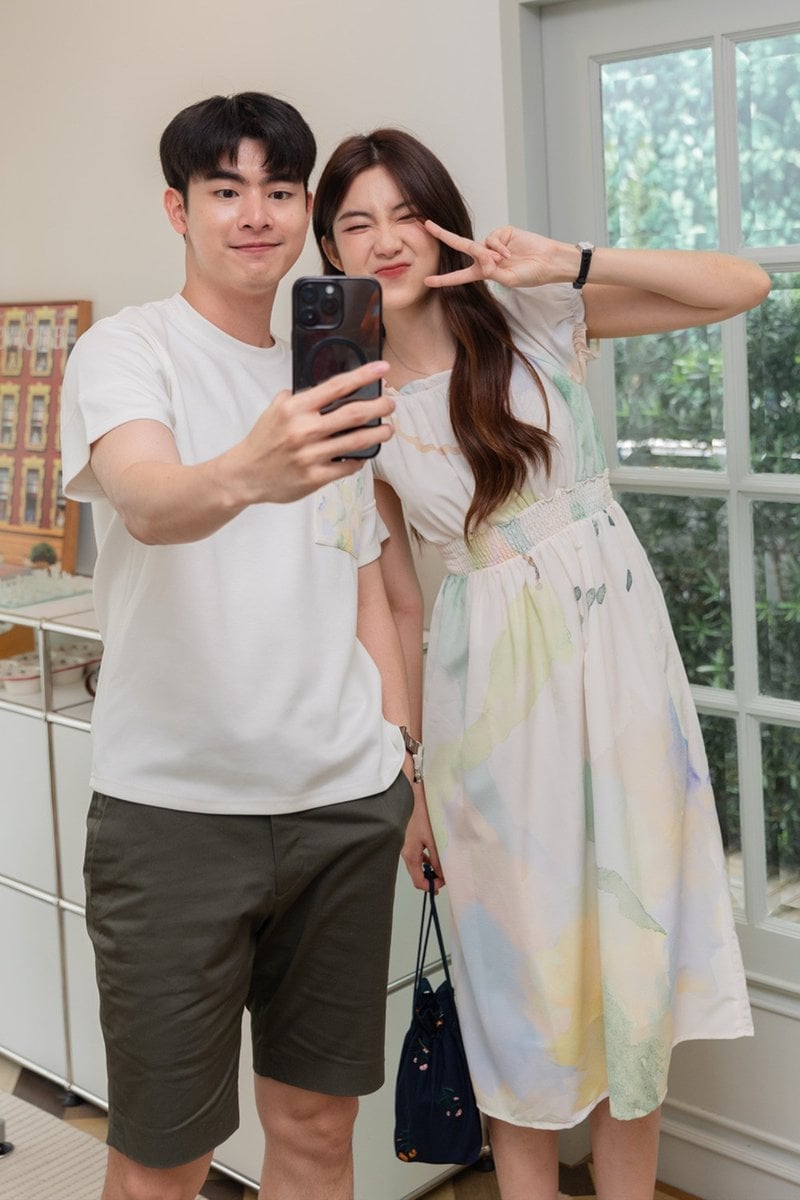 Pastel Watercolor Print Dress and White Tee Pastel Watercolor Print Dress and White Tee — Trendy Couple Outfit