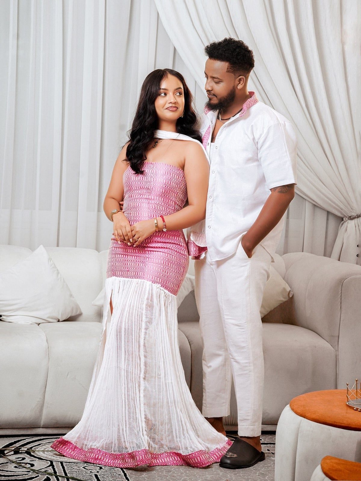 Festive Pink Textured Dress and White Shirt Festive Pink Textured Dress and White Shirt — Trendy Couple Outfit