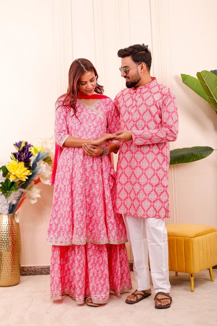 Matching Pink and White Printed Kurta Sets Matching Pink and White Printed Kurta Sets — Trendy Couple Outfit
