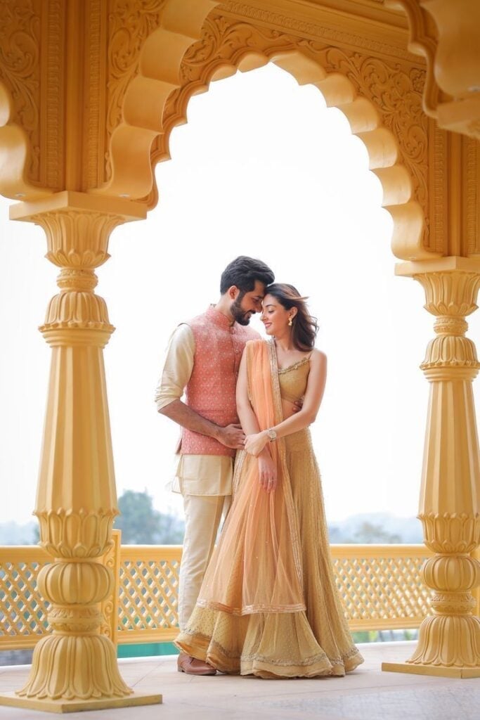 Traditional Indian Attire with Peach Waistcoat Traditional Indian Attire with Peach Waistcoat — Trendy Couple Outfit