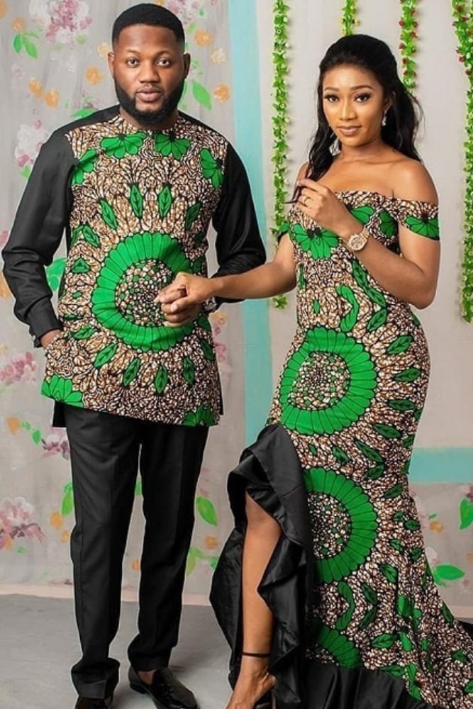 Ankara Print Dress and Shirt with Print Panels Ankara Print Dress and Shirt with Print Panels — Trendy Couple Outfit