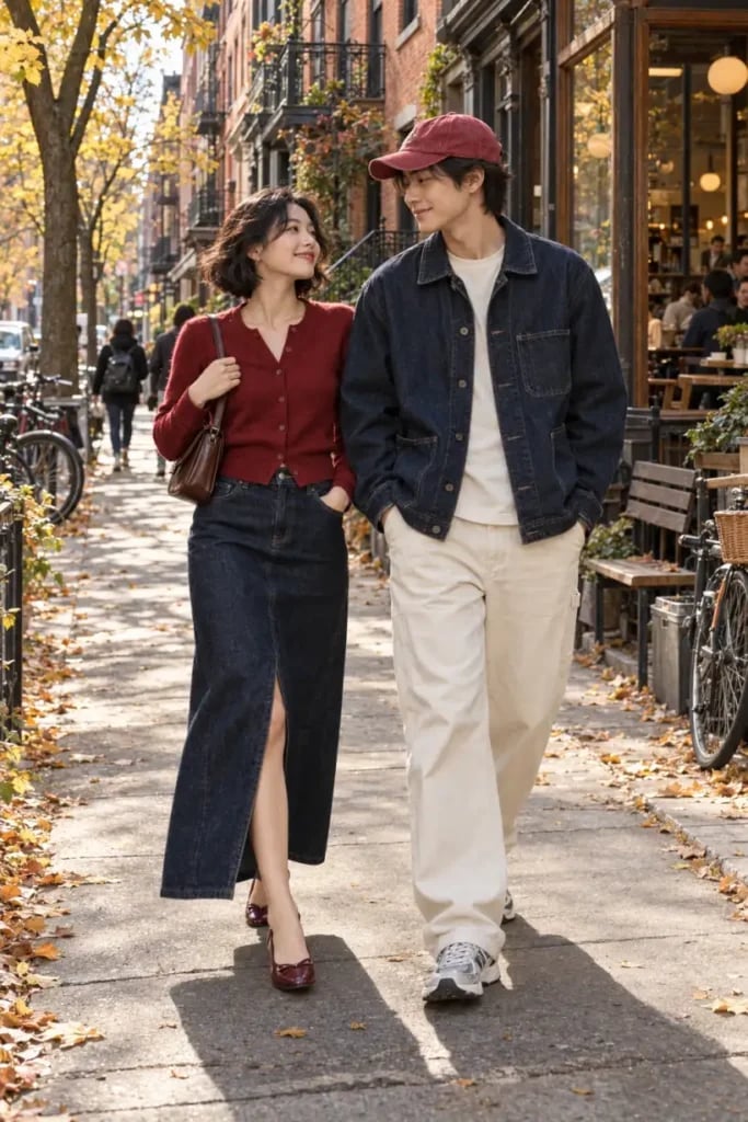 Denim Maxi Skirt and Cargo Pants Pairing Denim Maxi Skirt and Cargo Pants Pairing — Trendy Couple Outfit