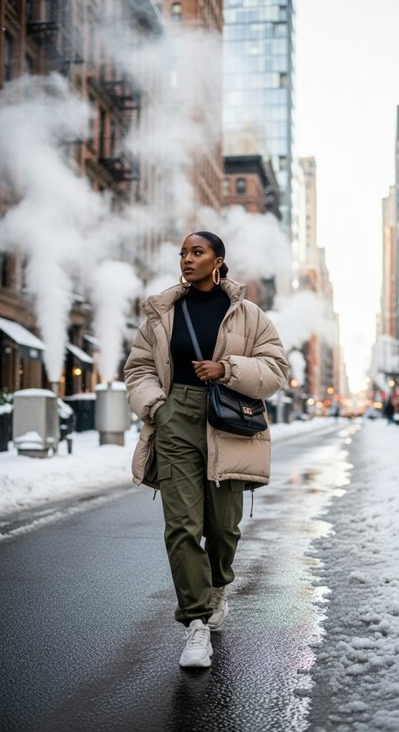 Beige Puffer Jacket Over Black Turtleneck Beige Puffer Jacket Over Black Turtleneck — Trendy Cozy Outfits