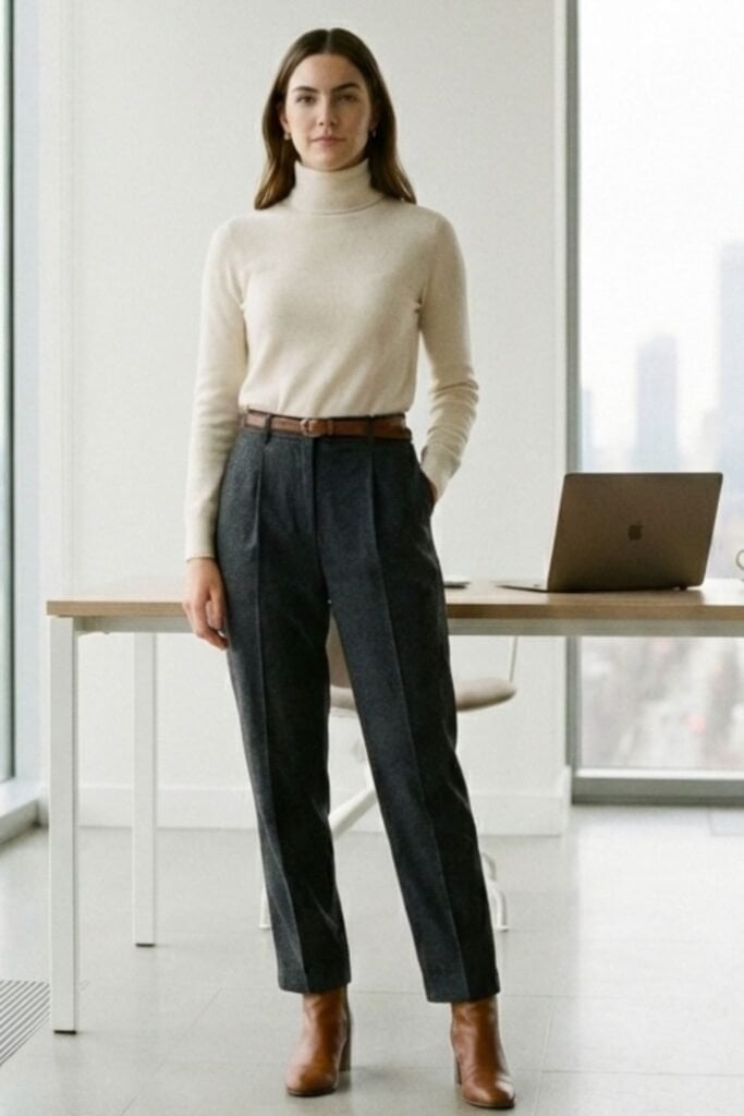 Cream Turtleneck Sweater with Tailored Trousers Cream Turtleneck Sweater with Tailored Trousers — Trendy Cozy Outfits