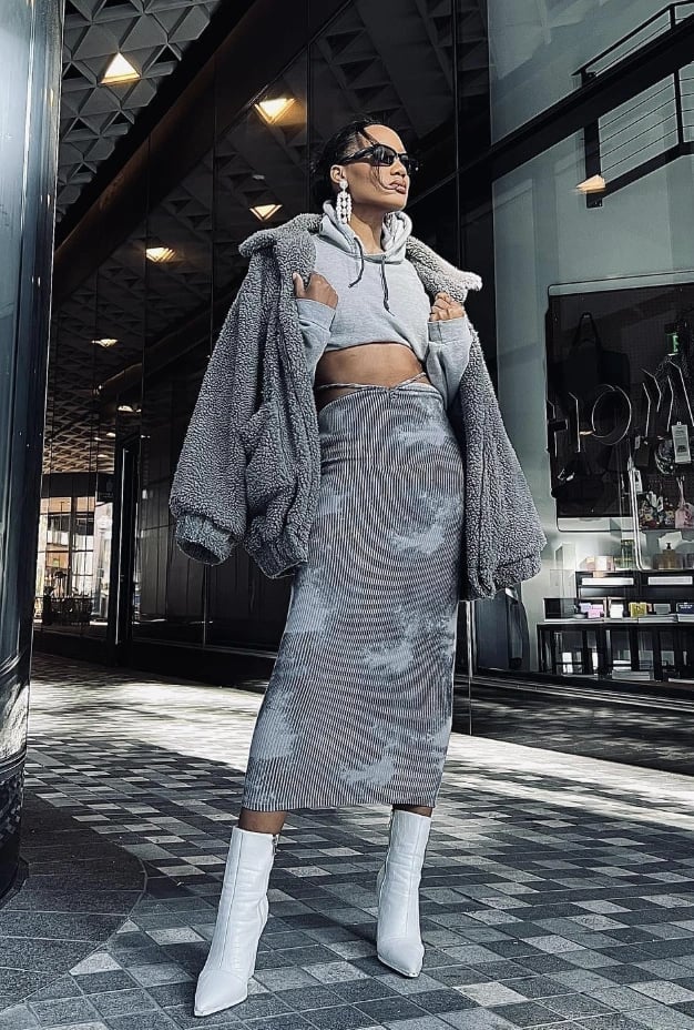 Grey Fuzzy Jacket with Tie-Dye Midi Skirt Grey Fuzzy Jacket with Tie-Dye Midi Skirt — Trendy Cozy Outfits