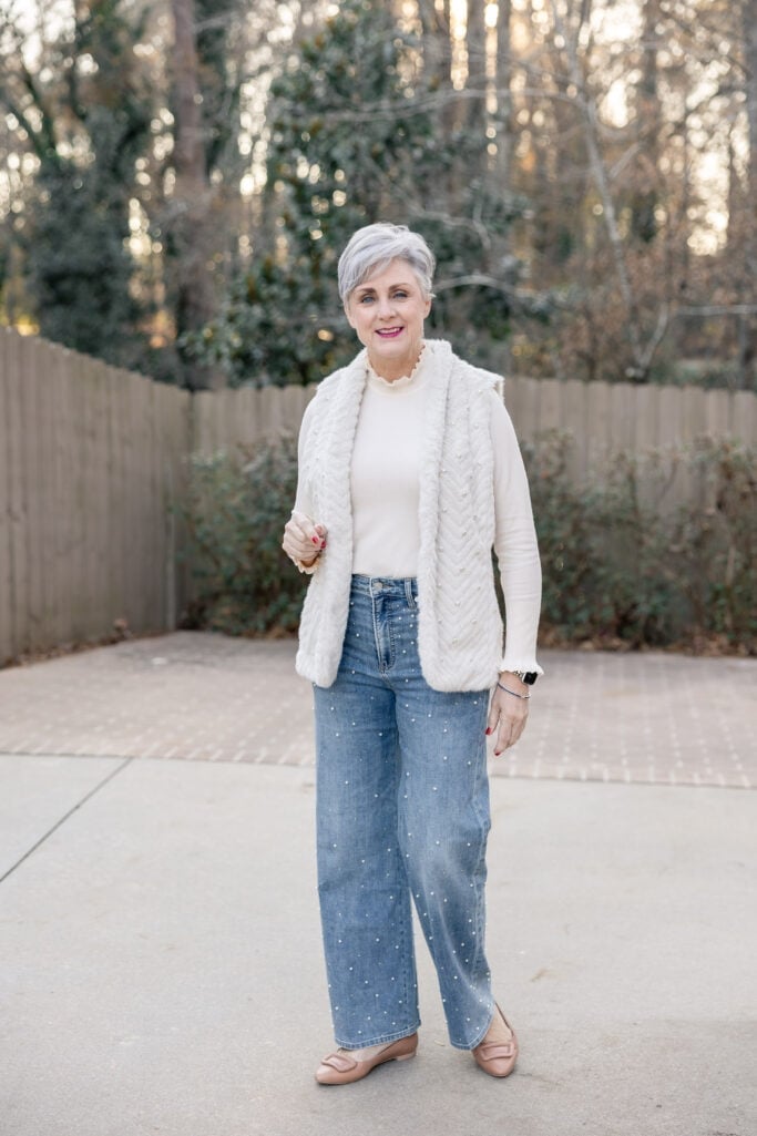 Faux Fur Vest Over Pearl Embellished Jeans Faux Fur Vest Over Pearl Embellished Jeans — Trendy Cozy Outfits