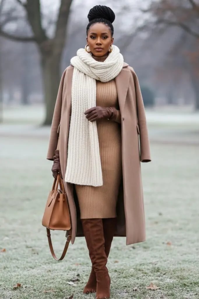 Tan Knit Dress with Camel Coat Layering Tan Knit Dress with Camel Coat Layering — Trendy Cozy Outfits