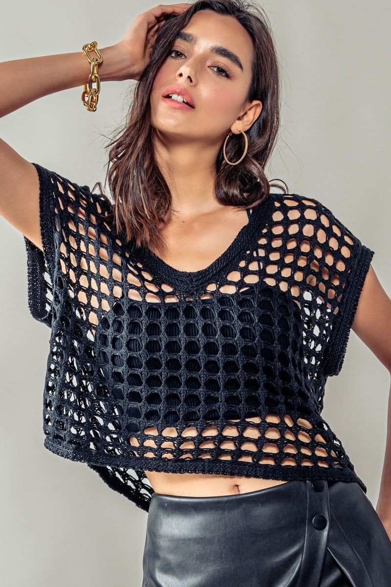 Black Mesh Crochet Top Over Bralette — Trendy Crochet Outfits