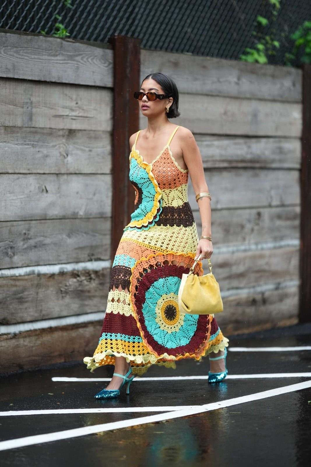 Multicolor Crochet Maxi Dress with Circular Panels — Trendy Crochet Outfits
