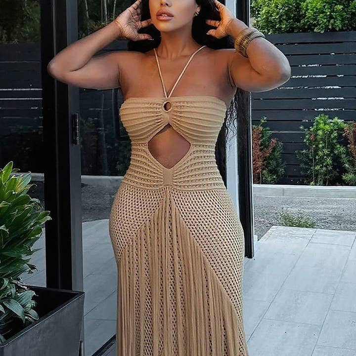 Tan Crochet Maxi Dress with Cutout and Fringe — Trendy Crochet Outfits