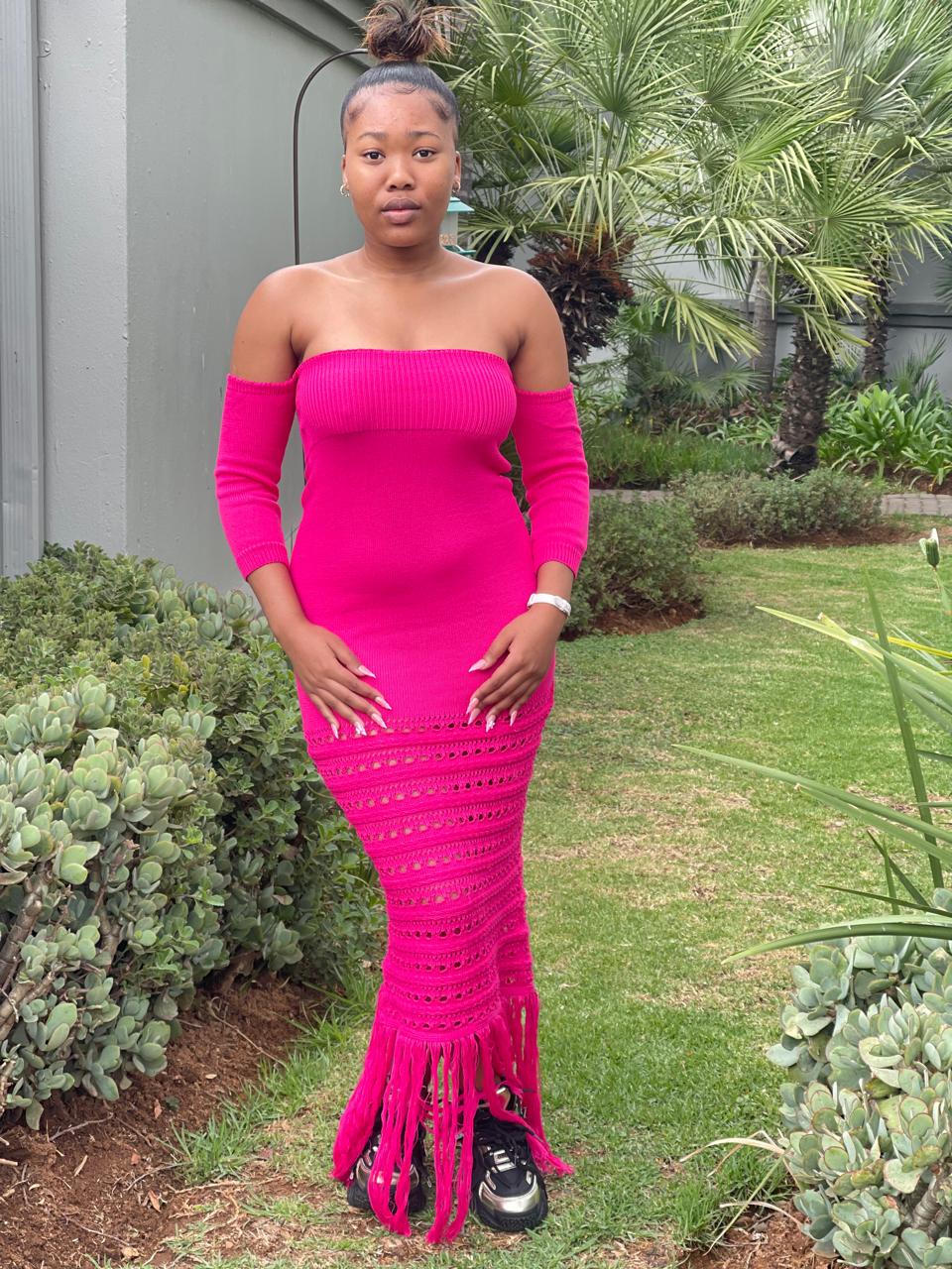 Hot Pink Off-Shoulder Crochet Maxi Dress — Trendy Crochet Outfits