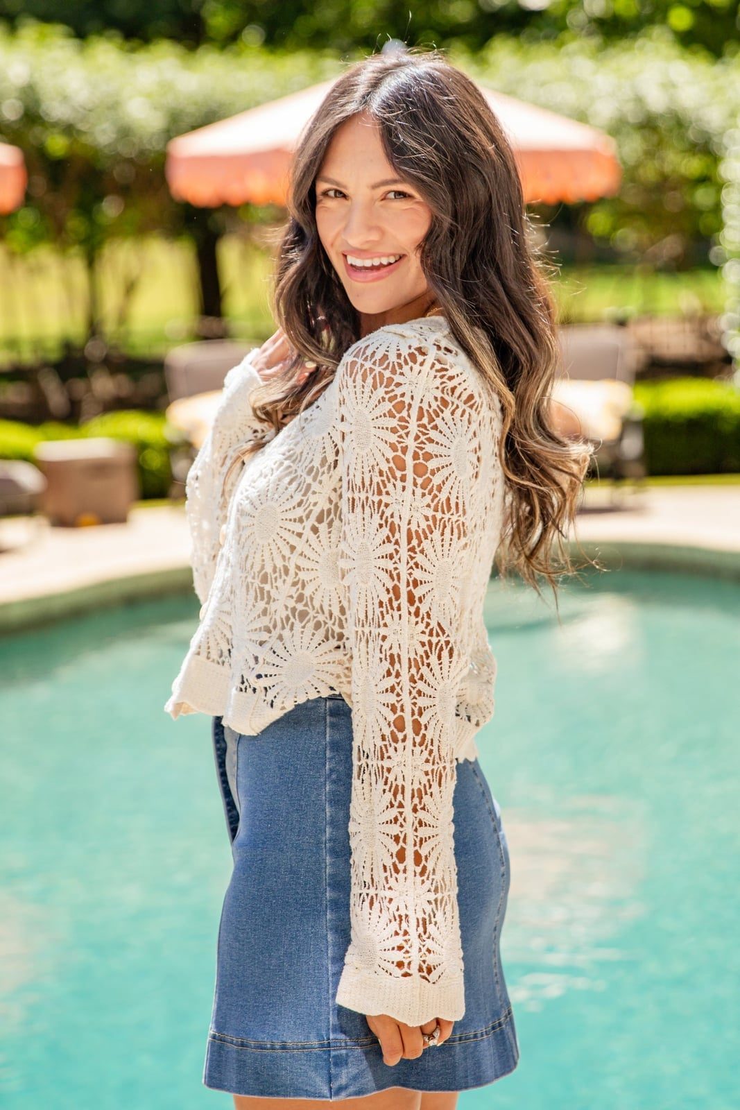 Cream Crochet Cardigan with Denim Skirt — Trendy Crochet Outfits