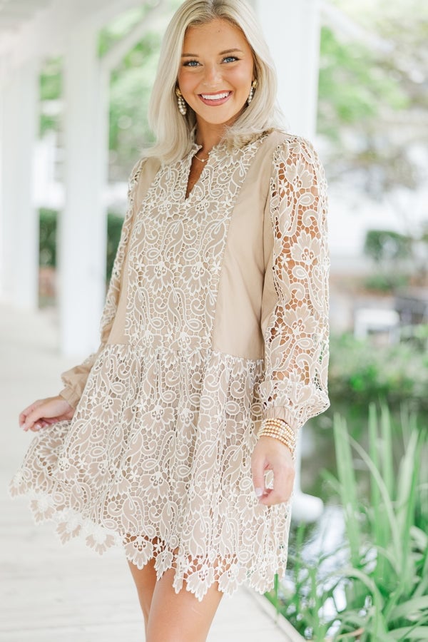 Beige Dress with White Lace Detailing — Trendy Crochet Outfits