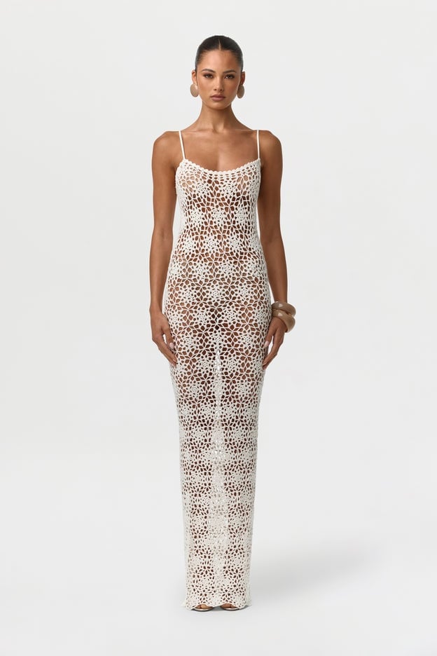 Fitted White Crochet Maxi Dress with Floral Pattern — Trendy Crochet Outfits
