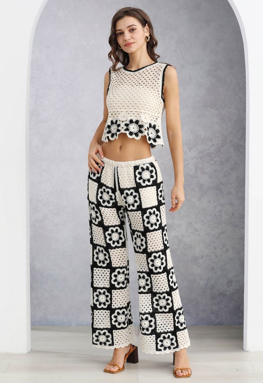 Cream Crochet Top with Black Checkerboard Pants — Trendy Crochet Outfits