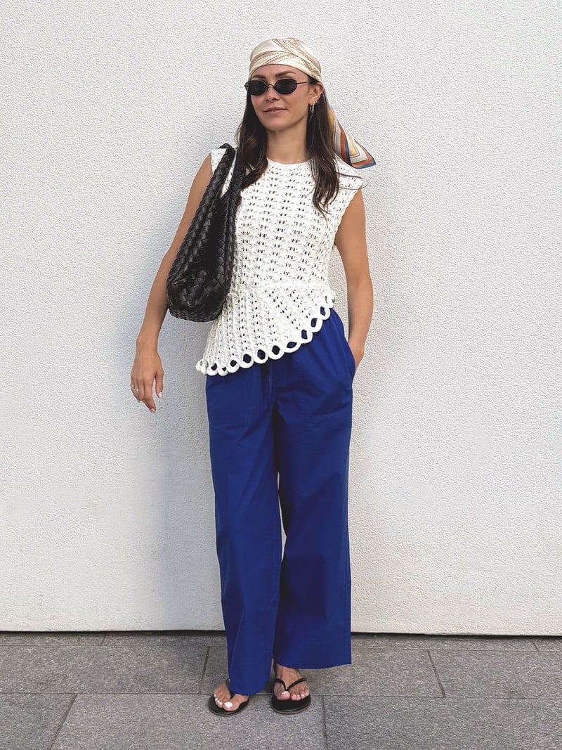 White Crochet Top with Blue Wide-Leg Pants — Trendy Crochet Outfits