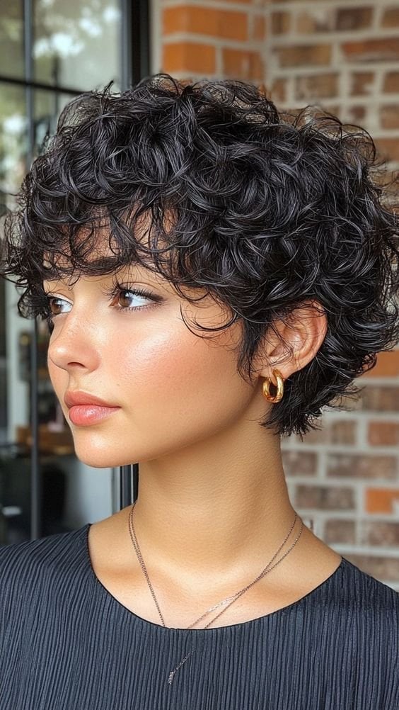 Ear Length Pixie With Curly Bangs — Trendy Curly Hair
