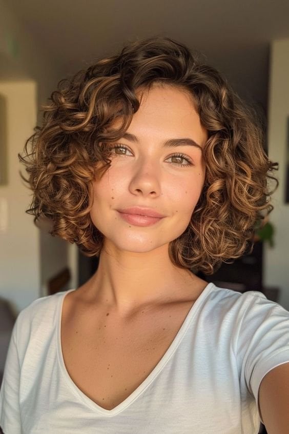 Collarbone Layers With Honey Curtain Bangs, Side Collarbone Layers With Honey Curtain Bangs, Side — Trendy Curly Hair Natural