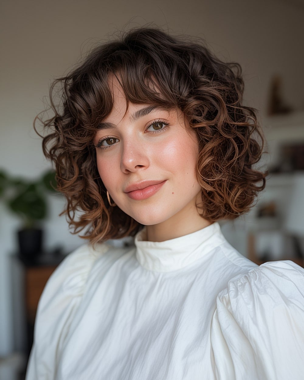 Chin Length Cut With Curtain Bangs — Trendy Curly Hair Routine