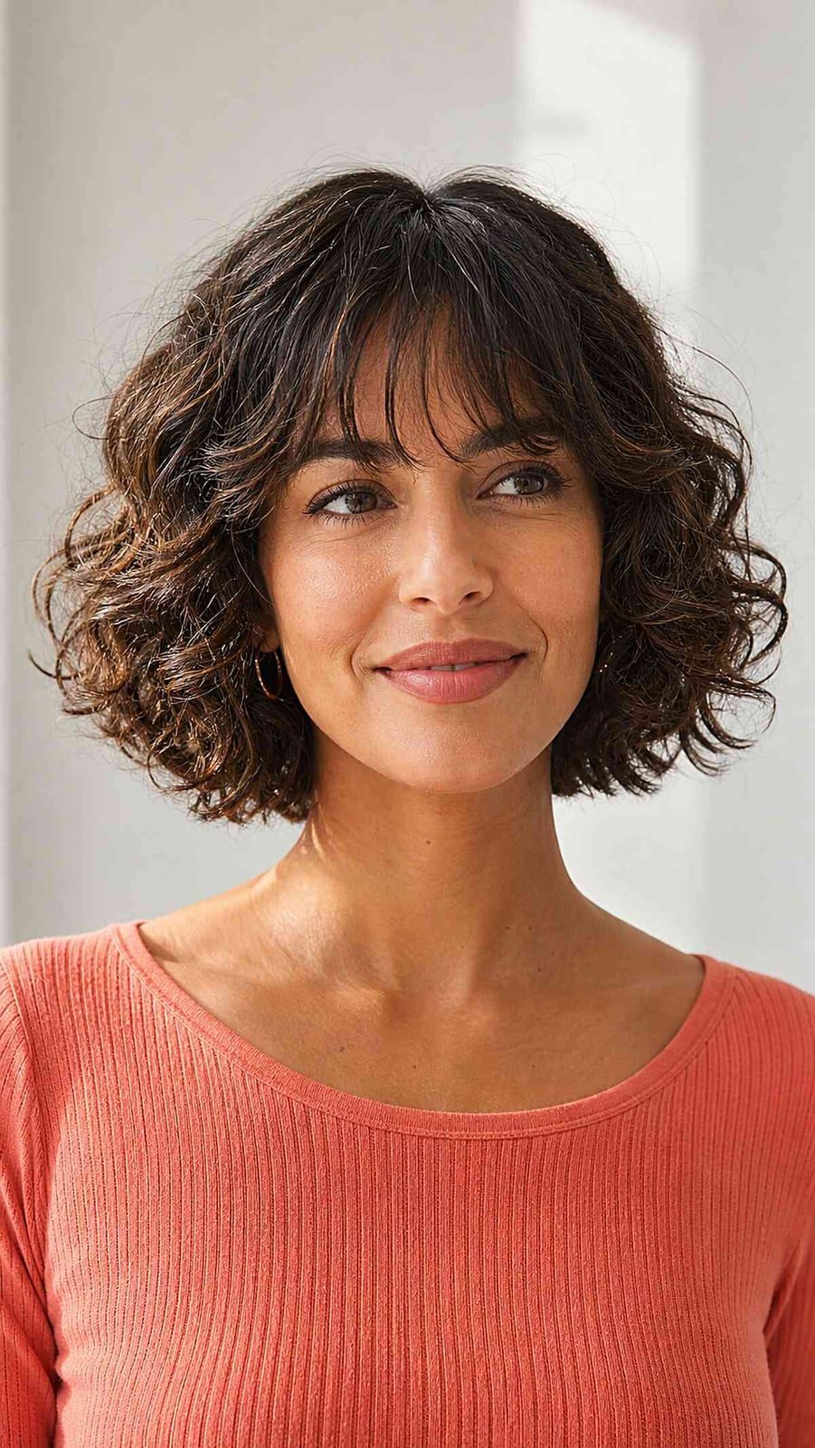 Chin Length Bob With Curtain Bangs, Middle — Trendy Curly Hair Routine