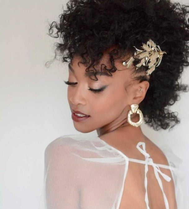 Coily Updo With Braided Details And Gold Accessory Coily Updo With Braided Details And Gold Accessory — Trendy Curly Hair Wedding