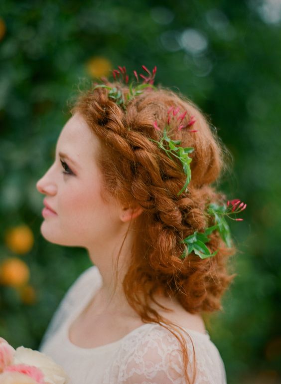 Mid-Back Waves With Intricate Braid And Flowers Mid-Back Waves With Intricate Braid And Flowers — Trendy Curly Hair Wedding