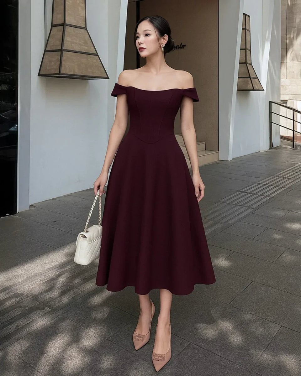 Burgundy Off-The-Shoulder Fit-And-Flare Dress — Trendy Cute Birthday Outfit