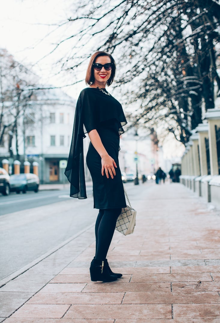 Black Pencil Skirt Dress with Sheer Cape Overlay — Trendy Cute Birthday Outfit