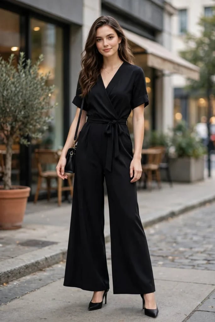 Black Crepe Wrap Jumpsuit — Trendy Cute Birthday Outfit